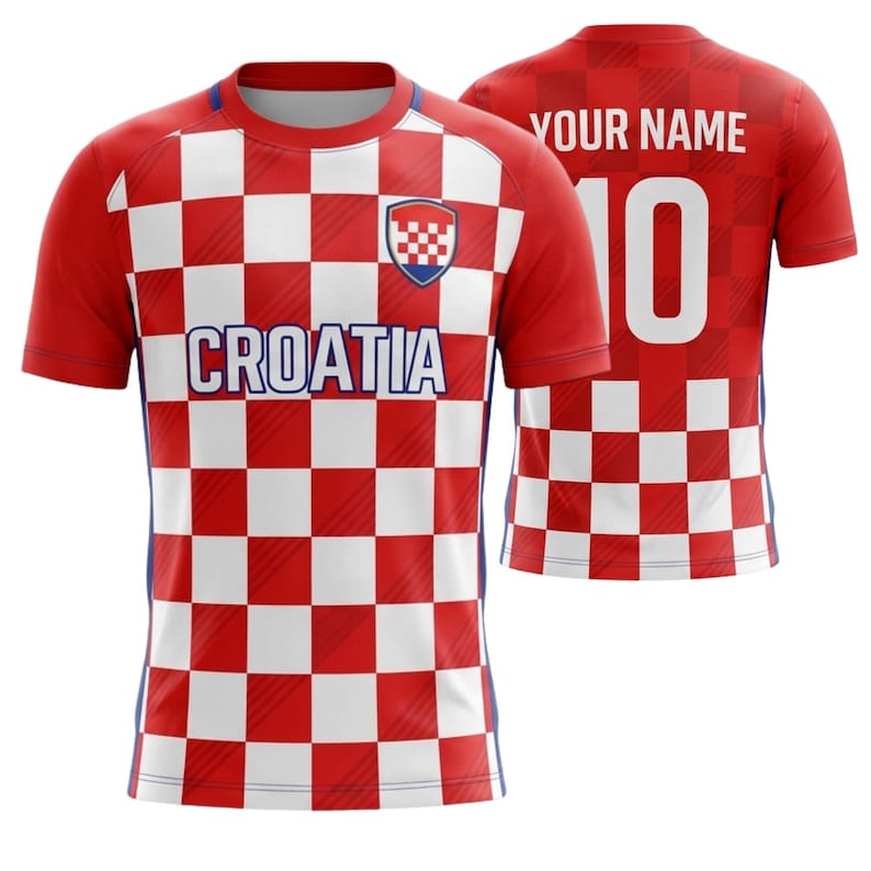 May include: A red and white checkered Croatia soccer jersey with the word "CROATIA" across the chest. The jersey has a team crest and the number 10 on the back, with the text "YOUR NAME" above it.