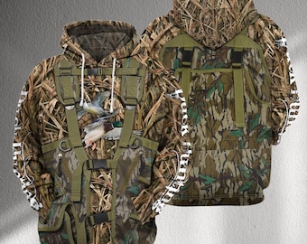 Duck Hunting Camo Hoodie, Marsh Grass Pattern Pullover Sweatshirt, Flying Mallard Ducks Graphic, Unisex Waterfowl Hunter Outdoorsman Gift