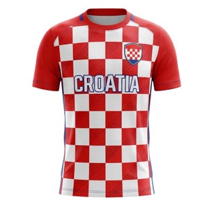 May include: A red and white checkered Croatia soccer jersey with short sleeves. The word "CROATIA" is printed across the chest in white block letters. A Croatian coat of arms is on the upper right chest.