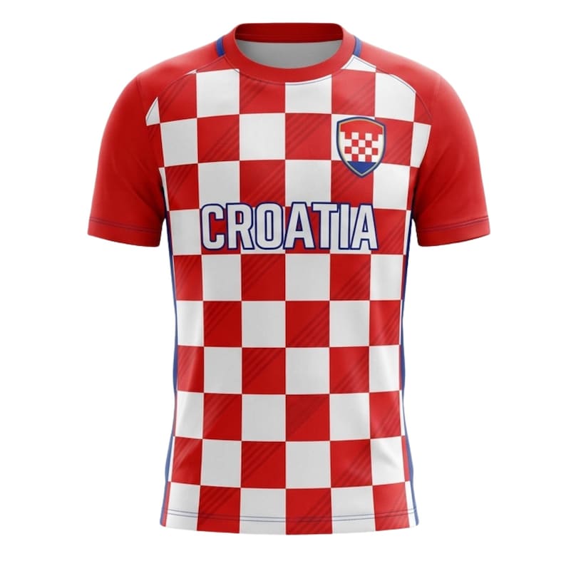 May include: A red and white checkered Croatia soccer jersey with short sleeves. The word "CROATIA" is printed across the chest in white block letters. A Croatian coat of arms is on the upper right chest.