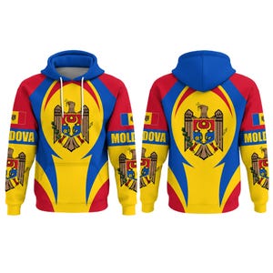 May include: A long-sleeve hoodie featuring the national flag of Moldova with blue, yellow, and red vertical stripes. The front and back display the Moldovan coat of arms, a central eagle, and the text "MOLDOVA" printed in bold yellow lettering.