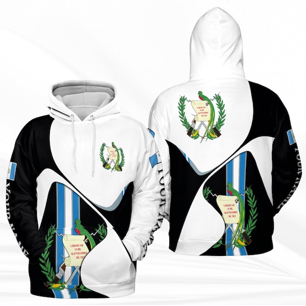 Guatemala Flag Hoodie, Quetzal Coat of Arms All Over Print Black White Sweatshirt, Blue Stripes Pullover, Unisex Travel Gift for Him Her