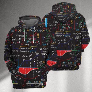 以下が含まれることがあります： 黒色のパーカーで、カラフルな数式のデザインが特徴です。数式と図は、赤、青、緑、黄色など、さまざまな色で黒い背景に描かれています。パーカーにはグレーのフードとフロントポケットが付いています。