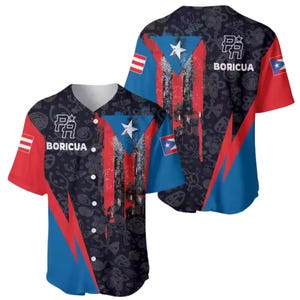May include: A short-sleeved baseball jersey featuring the Puerto Rican flag design. The jersey has a blue body with red sleeves and accents. The word "BORICUA" is printed on the front and back. The design includes a star and stripes.