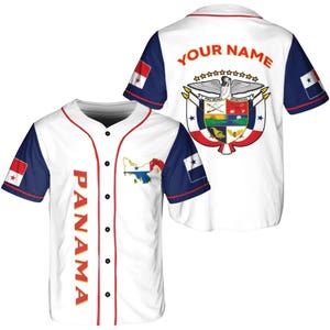 May include: White baseball jersey with red trim and navy blue sleeves. The jersey features the word "PANAMA" in red, a map of Panama, and the Panamanian flag. The back has the text "YOUR NAME" and a coat of arms.