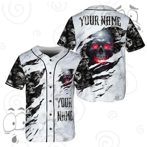 Skull Baseball Jersey - Weißes Gothic Streetwear Shirt, Horror Punk Festival Outfit, Unisex Button Up Top