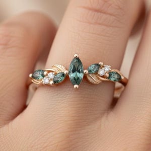 Unique Marquise Cut Moss Agate Wedding Band 14KT Rose Gold Moissanite Diamond Dainty Half eternity Band Bridal Stacking Promise gift for her