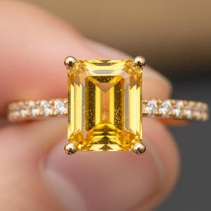 3CT Radiant Cut Canary Yellow Moissanite Engagement Ring, Pave Setting Side Stone Round Cut, 10k Yellow Gold Anniversary Gift Luxury Jewelry