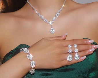 Silver Crystal Jewelry Set: Necklace, Bracelet & Earrings
