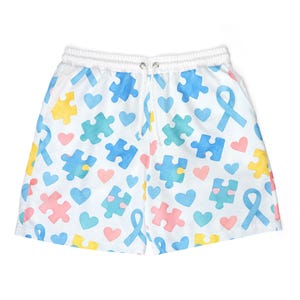 Kleurrijke zwemshort met puzzelpatroon voor uniseks, leuke strandkleding, zomerzwembadshort, zwembroek autisme, levendige strandshorts