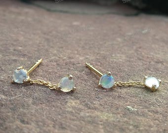 Ethiopian Opal Stud Earrings: 14k Gold Dangle Chain, Gemstone Drop