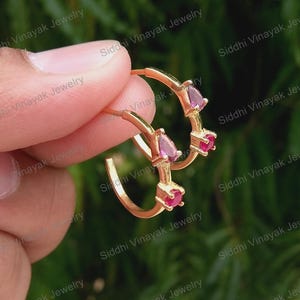 Pink Sapphire Huggie Hoop Earrings: 18k Solid Gold Fine Jewelry