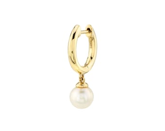 Pearl Drop Slim Hoop Earrings 14k Solid Yellow Gold Hoop Earring, Freshwater Pearl Jewelry Gift