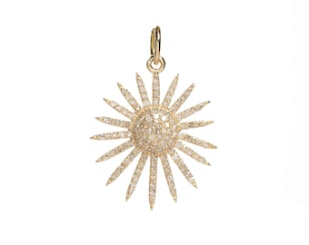 14K massivt guld Sunburst-hänge, halsband med naturlig diamant och stjärnformad berlock