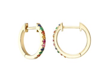 Natural Rainbow Sapphire Huggie Earrings 14k Solid Yellow Gold Gemstone Huggie Fine Jewelry Gift For Women