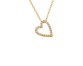 0.06 Ct Genuine Diamond Open Heart Necklace 14k Solid Yellow Gold Minimalist Diamond Heart Jewelry, Gift for Her