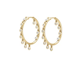 Aros de oro macizo de 14 k con dijes de diamantes colgantes: delicados y brillantes aros colgantes