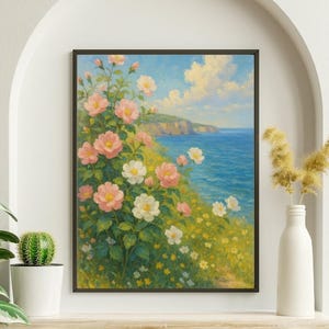 Romantic Coastal Wildflower Field Landscape Print | Spring Floral Farmhouse Decor | Summer Beach Art | Vintage Flower Art | Digital Download