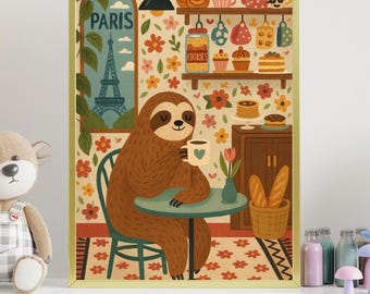 かわいいナマケモノカフェのウォールアートプリント、子供部屋用パリの動物イラスト、保育園の装飾、プレイルームアート、気まぐれなコーヒーナマケモノポスター