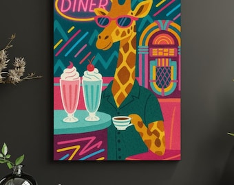 Lámina artística de jirafa de restaurante retro, arte mural colorido de animales, decoración imprimible caprichosa, póster de jirafa de arte pop, divertida lámina de cocina retro