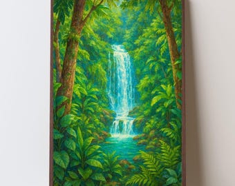 Tropical Waterfall Print | Vibrant Nature Printable | Paradise Landscape Poster | Boho Jungle Home Decor | Waterfall Scenic Art Print