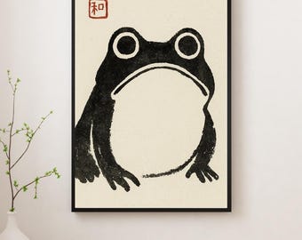 Japanese Frog Art Print | Vintage Minimal Wall Decor | Wabi Sabi Frog Poster | Traditional Japanese Art | Digital Download | Matsumoto Hoji
