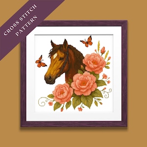 Kreuzstich, Stickerei, DIY Muster, Kreuzstich gezählt, handgefertigtes Design, sofort download, Handarbeit, Bastelmuster - Pferd in Roses