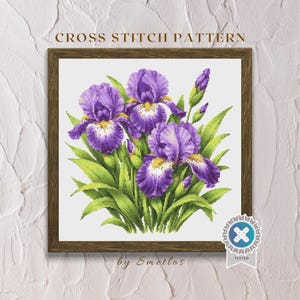 Korsstygnsmönster med iris, lila blommor i PDF-format, botaniskt blommönster, diagram för direktnedladdning, irisar 1