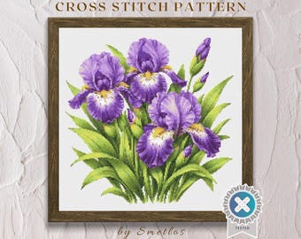Schema per punto croce Iris, ricamo botanico floreale viola in formato PDF (download immediato)