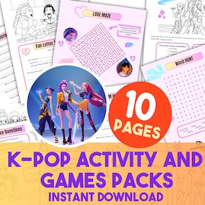 May include: A selection of K-Pop activity and game pages, including mazes, word searches, quizzes, and fan letters. The image shows a circular graphic of three K-Pop performers and the text "10 Pages" in a red circle.