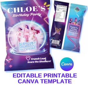 Editable Kpop Demon Hunter Chip Bag Label Template Birthday Party, Personalized K-pop Theme Party Favor, Chip Bag Wrapper Decor PRINTABLE