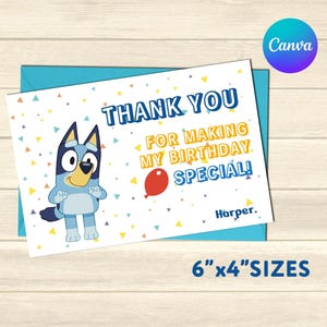 Editable Blue Dog Birthday Party Thank You Card, Girl or Boy Party Thanks Card, Greeting Cards DIGITAL FILE CANVA