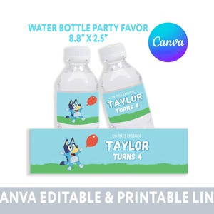 Editable Blue Dog Birthday Party Water Bottle Label, Party Decor Blue Party Supplies and Favor, DIGITAL FILE