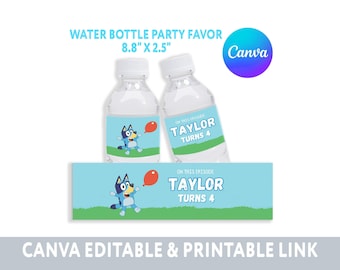 Blue Dog Birthday Party Water Bottle Label, Canva Template (Digital File)