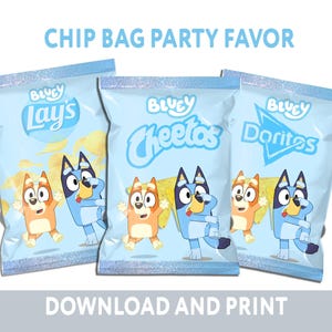 3 Different Kids Blue Dog Birthday Party Treats Chip Bag Label Printable File Party Decor Wrapper Party Supplies and Favor, INSTANT DOWNLOAD