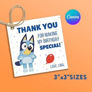 Editable Blue Dog Birthday Party Thank You Card, Girl or Boy Party Thanks Card, Greeting Cards DIGITAL FILE