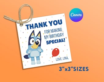 Blue Dog Birthday Thank You Card, Editable Canva Template (Digital File)