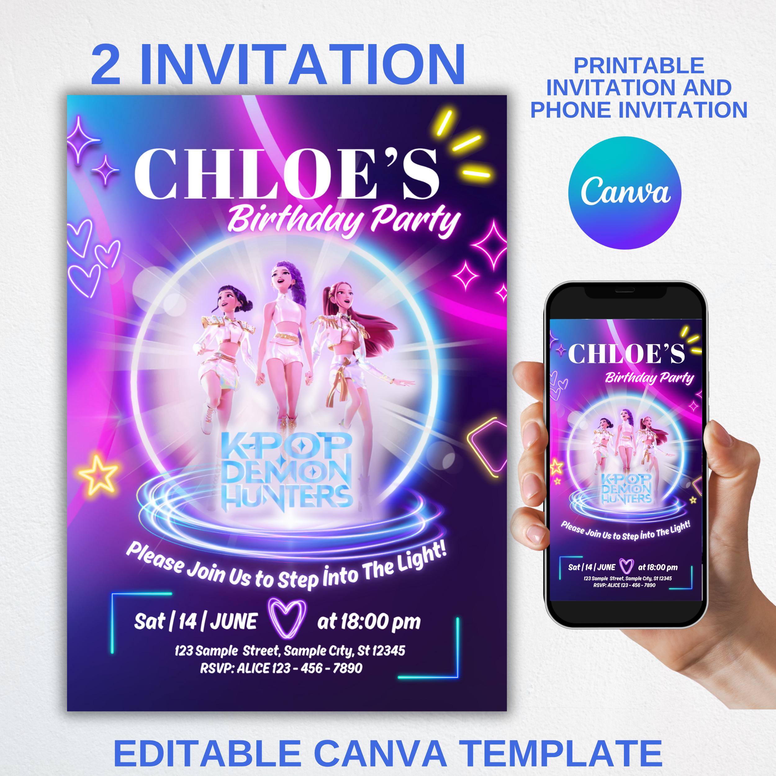 Personalised Kpop Demon Hunter Birthday Party Invitation, Editable Digital Party Invite for Phone, Custom K-pop Theme Template