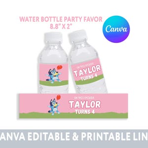 Editable Blue Dog Birthday Party Water Bottle Label, Party Decor Blue and Pink Party Supplies and Favor, CANVA DIGITAL FILE