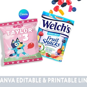 Editable Blue Pink Kids Birthday Party Fruit Snacks Bag Labels Template Printable, Girl or Boy Party Decor Wrapper, Party Supplies and Favor