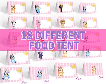 18 tarjetas de lugar para fiesta de cumpleaños con diseño de perro rosa y azul, etiquetas de comida para decoración de fiestas, tarjetas azules para centro de comida con recuerdos de fiestas.