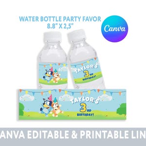 Editable Blue Dog Birthday Party Water Bottle Label, Party Decor Blue Party Supplies and Favor, CANVA DIGITAL FILE