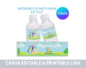 Blue Dog Birthday Party Water Bottle Label, Canva Editable (Digital File)