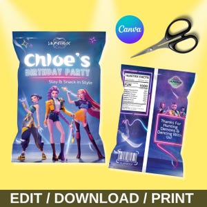 Editable Kpop Demon Hunter Chip Bag Label Template Birthday Party, Personalized K-pop Theme Party Favor, Chip Bag Wrapper Decor PRINTABLE