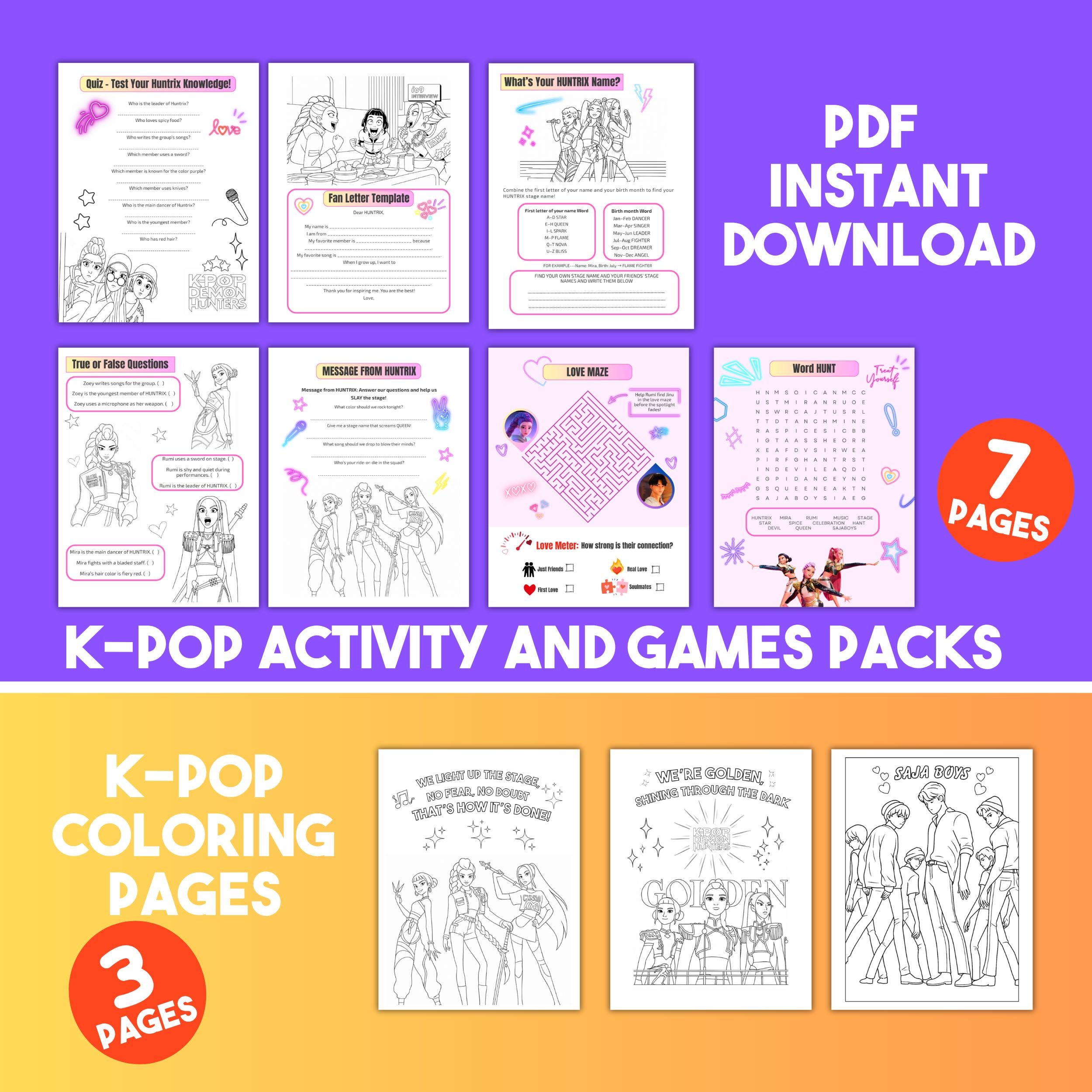 Printable Kpop Activity AND GAMES Packs, K-POP Demon Hunters Rumi Zoey ...
