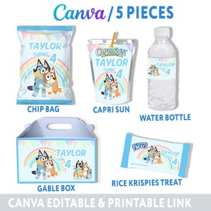 Editable Blue Dog Kids Birthday Party Bundle, Blue Wrapper Kit, Party Supplies, Caprisun Chip Bag Rice Krispies Labels CANVA
