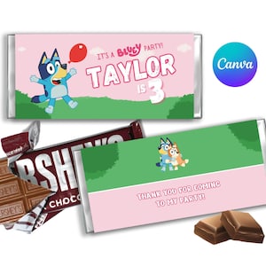 Editable Blue Dog Pink Kids Birthday Party Chocolate Bar Wrapper, Bar Label, Candy Bar Wrapper, Printable Template, Party Favor Supplies