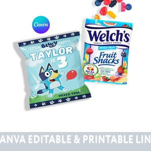 Editable Kids Blue Birthday Party Fruit Snacks Bag Labels, Template Printable, Girl or Boy Party Decor Wrapper, Party Supplies and Favor