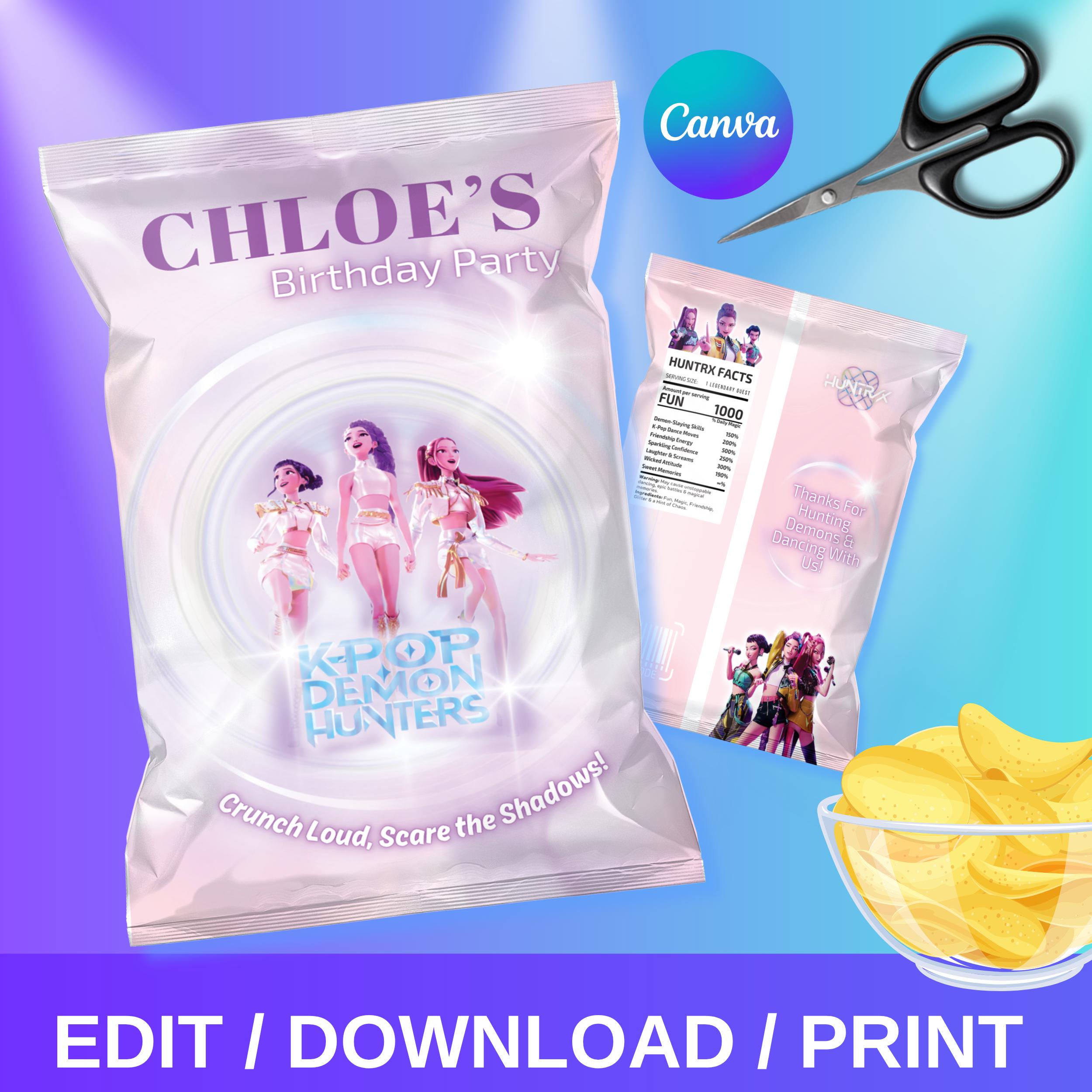 Bewerkbare K-pop Demon Hunter Chip Bag-labelsjabloon verjaardagsfeestje, gepersonaliseerde K-pop Theme Party Favor, Chip Bag Wrapper Decor AFDRUKBAAR