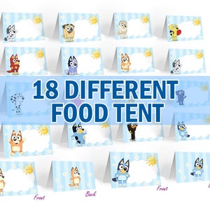 18 marque-places de fête d'anniversaire de chien bleu différents, étiquette de nourriture de décoration de fête, carte de centre de restauration de faveur d'articles de fête bleus